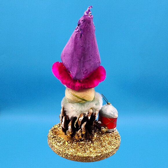 Vintage 1950s Putz Elf Spun Cotton Chenille Gnome Ornament Lantern Purple Japan - Picture 6 of 10